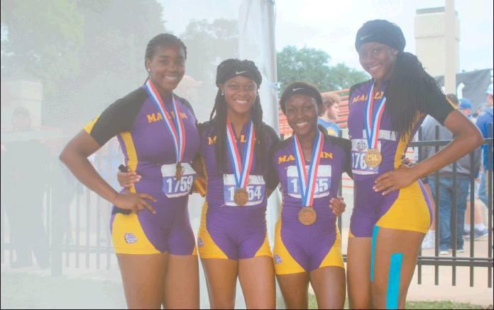 Skip Leon/FOR THE MARLIN DEMOCRAT          Members of Marlin’s 4x100-meter relay team wear their bronze medals for their third-place finish at the state track meet in Austin on Saturday. The runners are (from left) Danielle Noble, Taliyah Davis, Kendra Hayes and Aniya Williams.