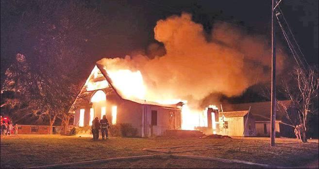 Mooreville United Methodist Church was destroyed by fire Thursday night, Feb. 7.  The congregation celebrated its 150th anniversary in 2017, and the structure that burned Thursday was built in 1911.            Frank Coleman photo.