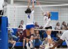 Charly Bennett (10) and Chelsey Easter (14) go up for the block during Rosebud-Lott’s match with the Bremond Lady Tigers last Tuesday. Charly Bennett (10) and Chelsey Easter (14) go up for the block during Rosebud-Lott’s match with the Bremond Lady Tigers last Tuesday.